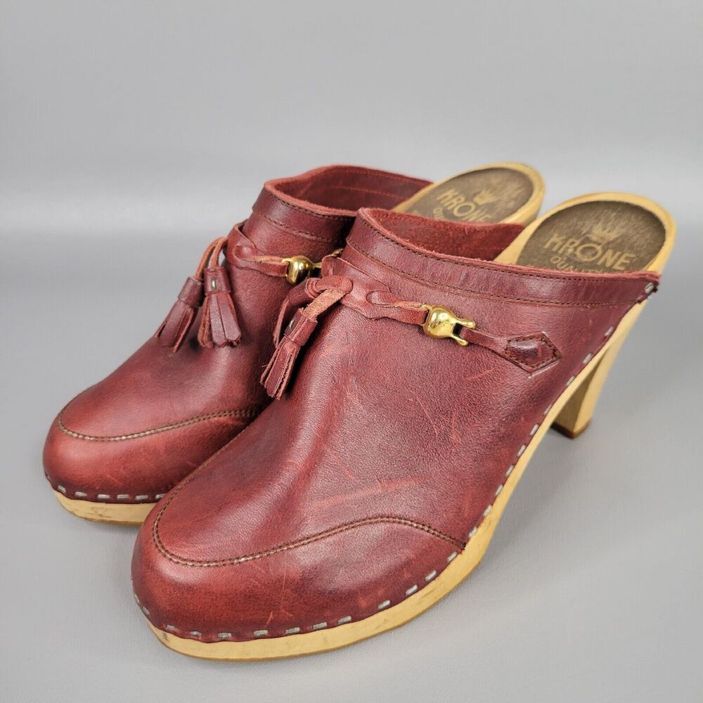 Krone Womens Wooden Heel Clogs Mules Tassel Round Toe Slip On Burgundy Size 7